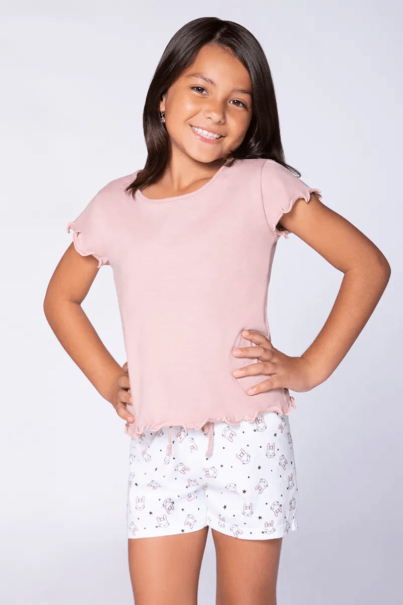 Short Doll Feminino Infantil Coelhinhos Lupo - Rosa - 10 Anos